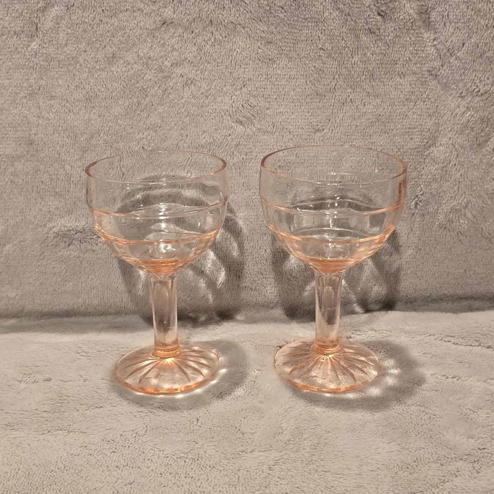 Vintage Hocking Glass Pink Depression 4" Cocktail Stemware Set of 2 Triple Rings